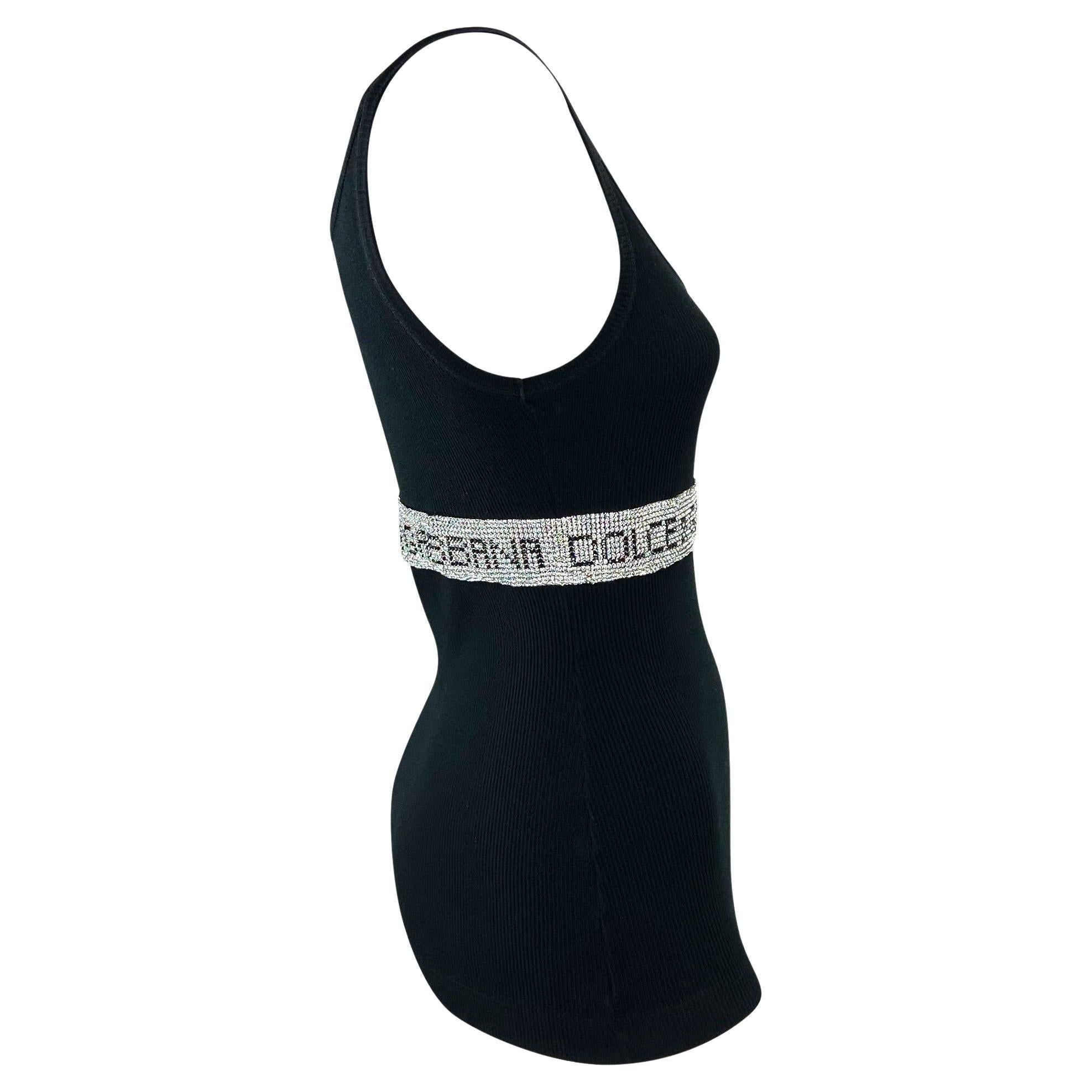 Women's 2000s Dolce & Gabbana Rhinestone Logo Black Ribbed Stretch Tank Top For Sale