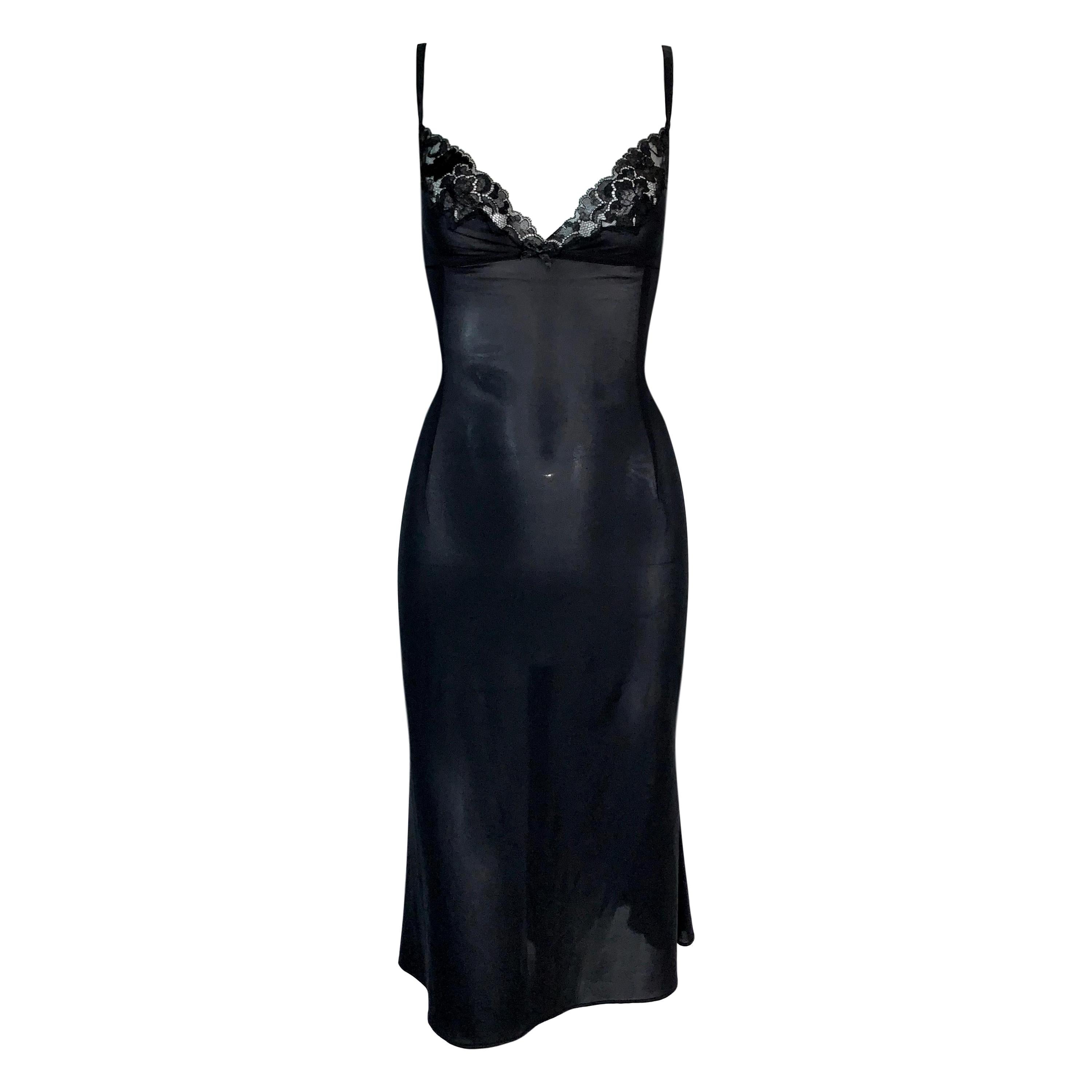 2000's Dolce and Gabbana Sheer Black Stretch Silk Plunging Lace Slip ...