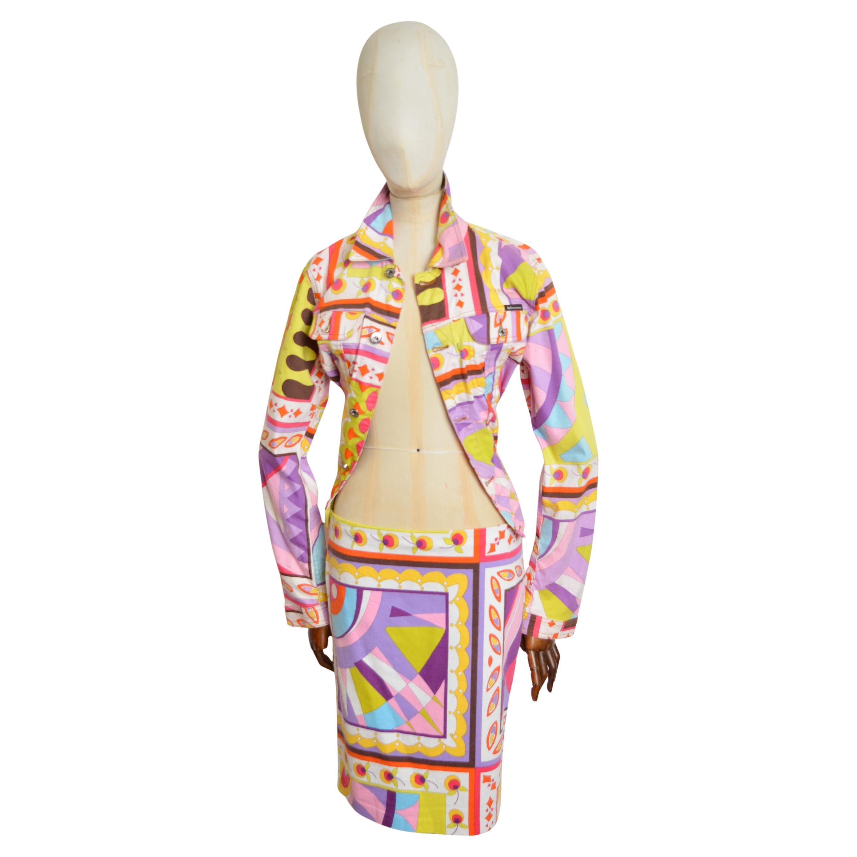 Dolce & Gabbana, set stampato anni 2000 con gonna e giacca a vita bassa colorata e a spirale Y2k in vendita
