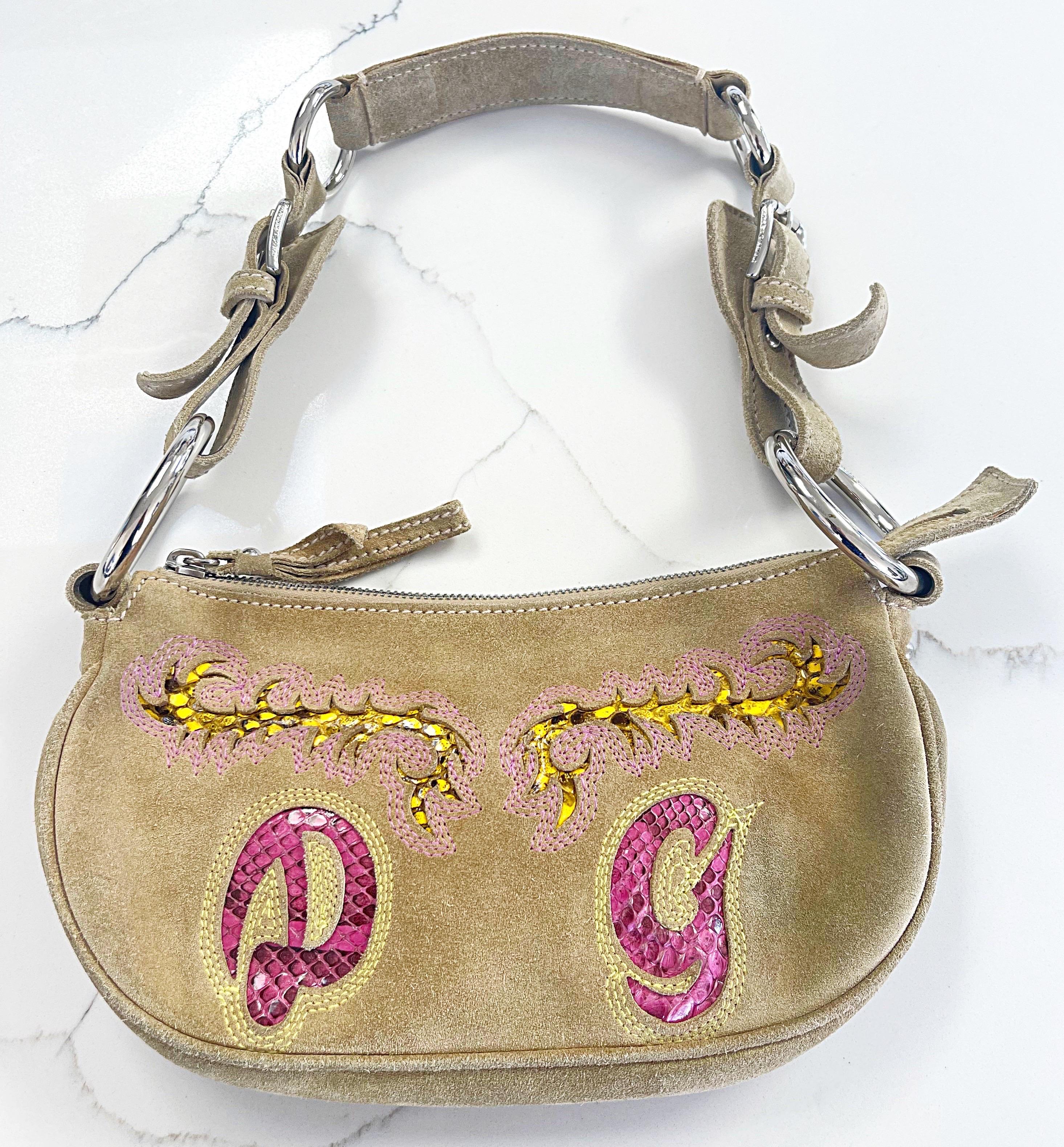 2000s Dolce & Gabbana Tan Suede + Python Snakeskin Vintage Handbag Shoulder Bag For Sale 12