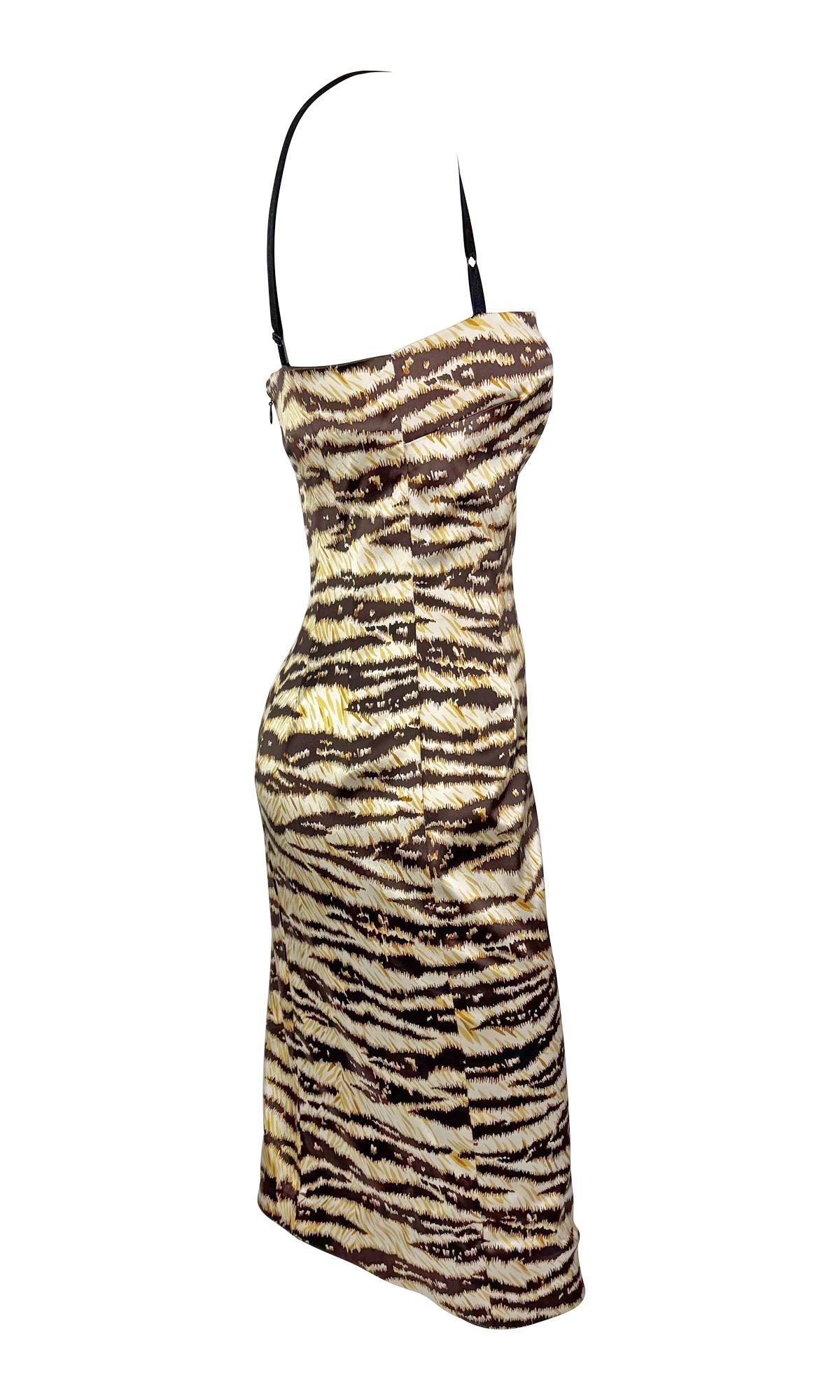 Brown 2000s Dolce & Gabbana Tiger Print Satin Bodycon Bra Strap Midi Dress For Sale