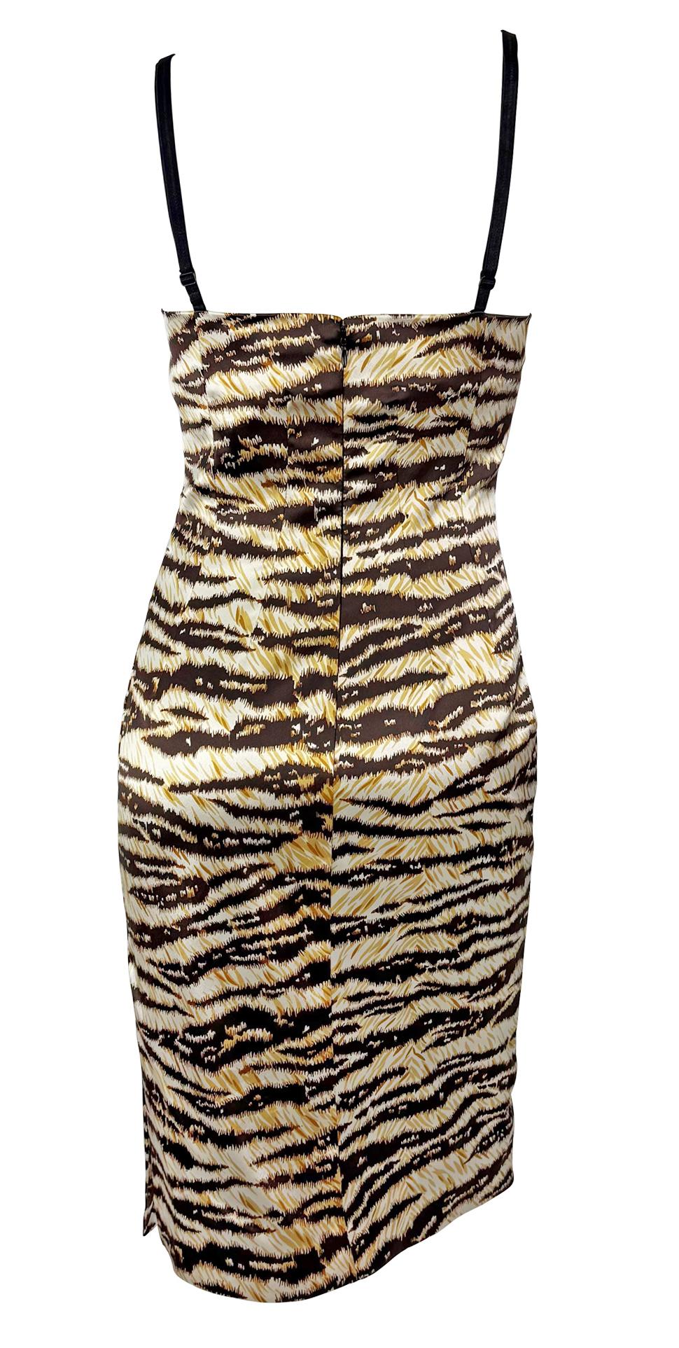 2000s Dolce & Gabbana Tiger Print Satin Bodycon Bra Strap Midi Dress In Excellent Condition For Sale In West Hollywood, CA