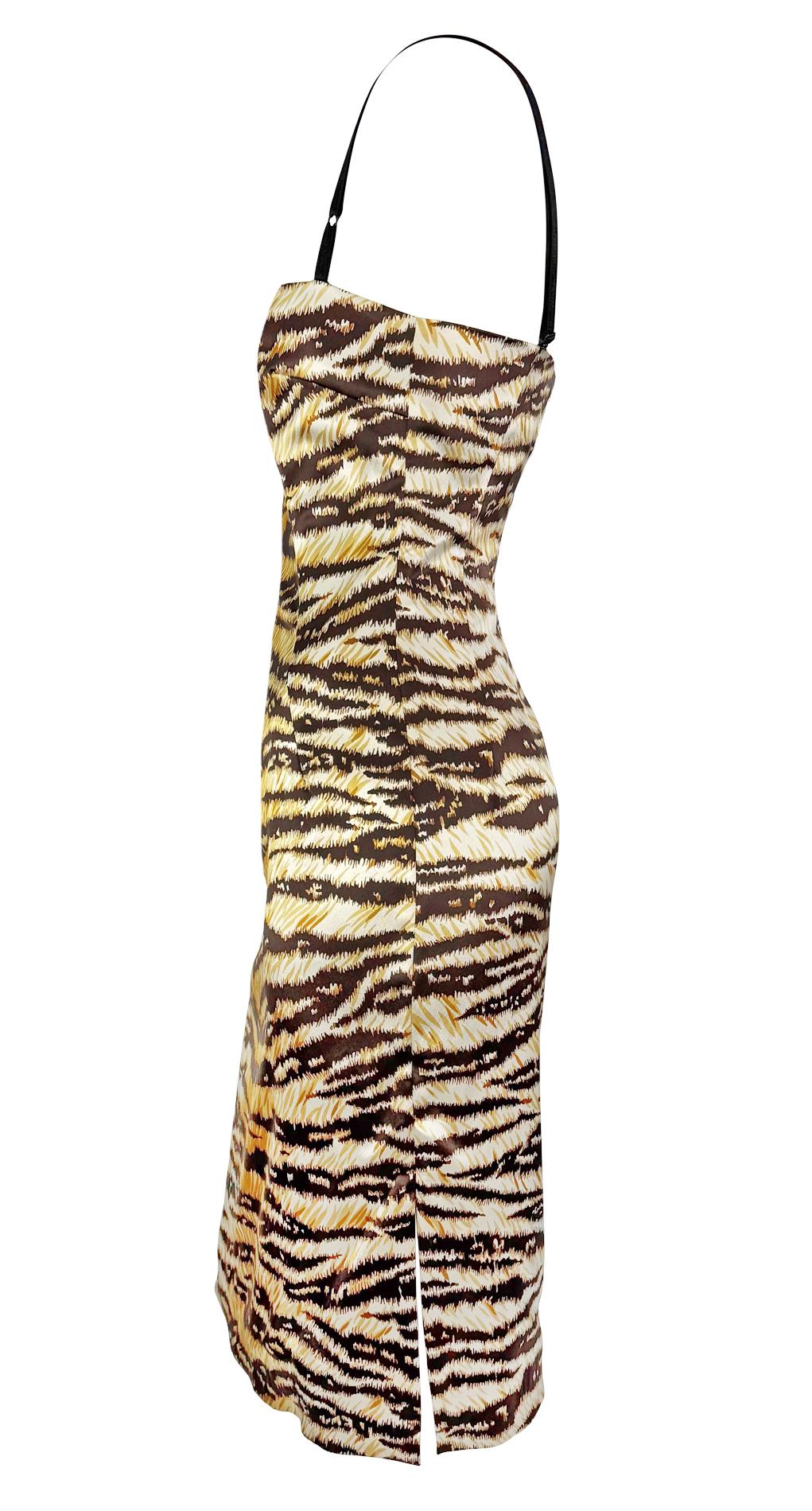 Women's 2000s Dolce & Gabbana Tiger Print Satin Bodycon Bra Strap Midi Dress For Sale