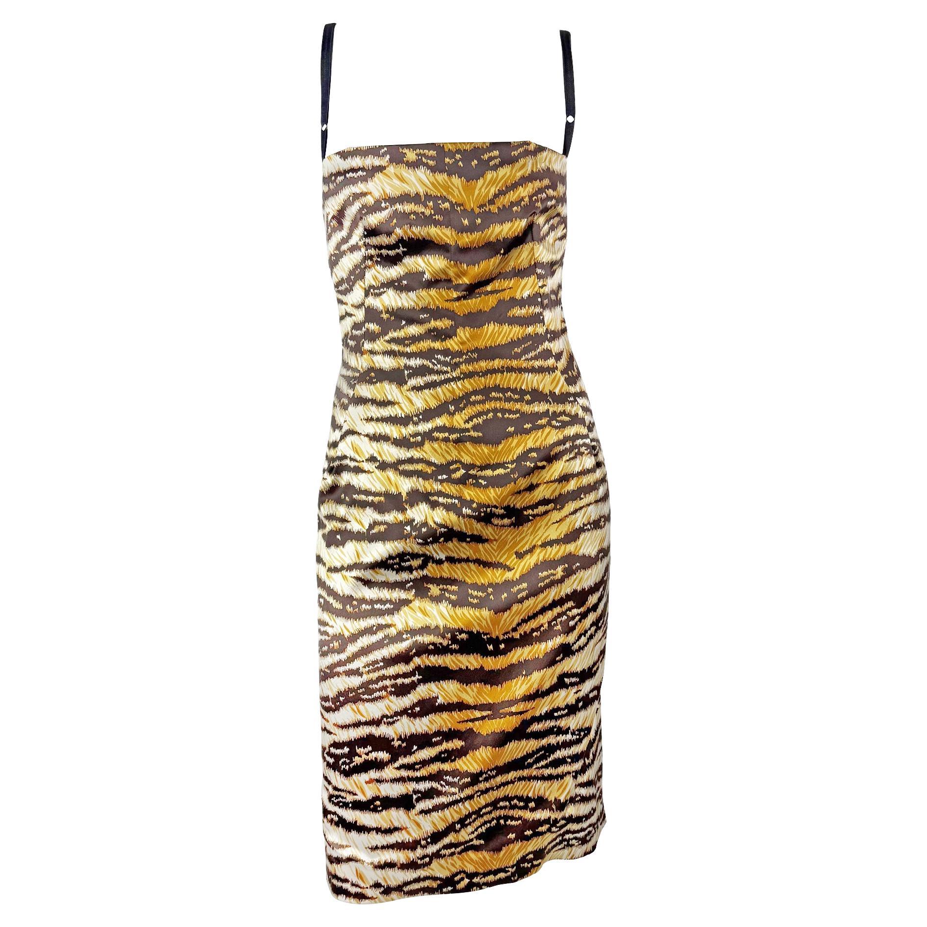 2000s Dolce & Gabbana Tiger Print Satin Bodycon Bra Strap Midi Dress For Sale