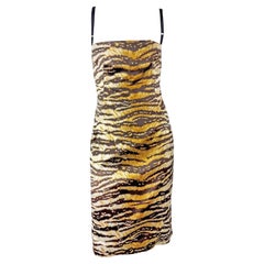 2000s Dolce & Gabbana Tiger Print Satin Bodycon Bra Strap Midi Dress