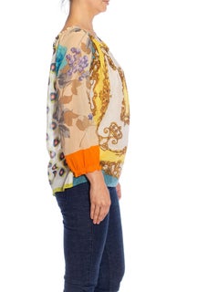 2000er DOLCE & GABBANA Weißgold Bluse mit mehrfarbigem Baumwollschaldruck