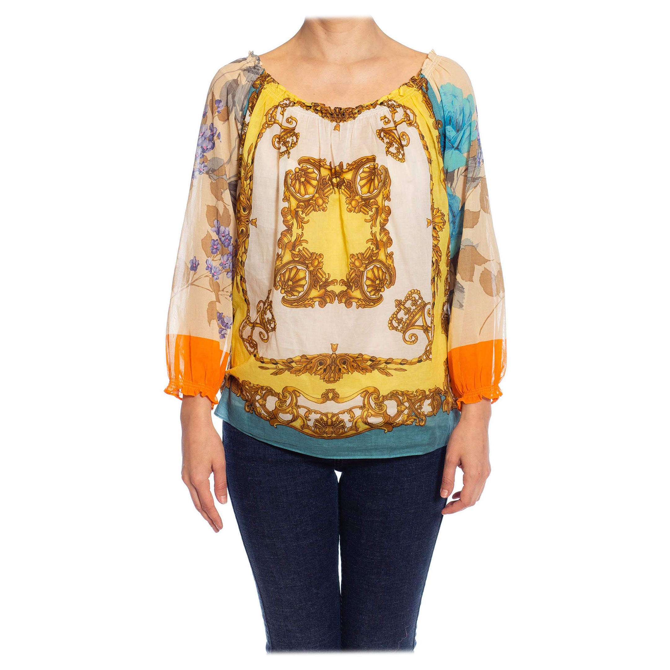 2000er DOLCE & GABBANA Weißgold Bluse mit mehrfarbigem Baumwollschaldruck