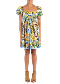 2000S DOLCE & GABBANA Yellow White Cotton Baby Doll Majolica Print Dress