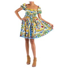 2000S DOLCE & GABBANA Vestido de algodón amarillo blanco con estampado de mayólica Baby Doll