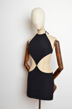 2000's Donatella Versace Black Greek key design cut out halter neck Mini Dress