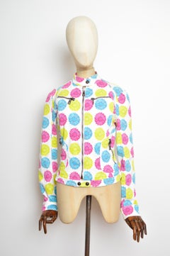 2000’s Donatella Versace Colourful Denim Daisy Print Denim Biker Jacket