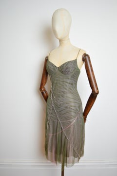 2000s Donatella Versace Green Pink ethereal mesh corset bustier cocktail dress