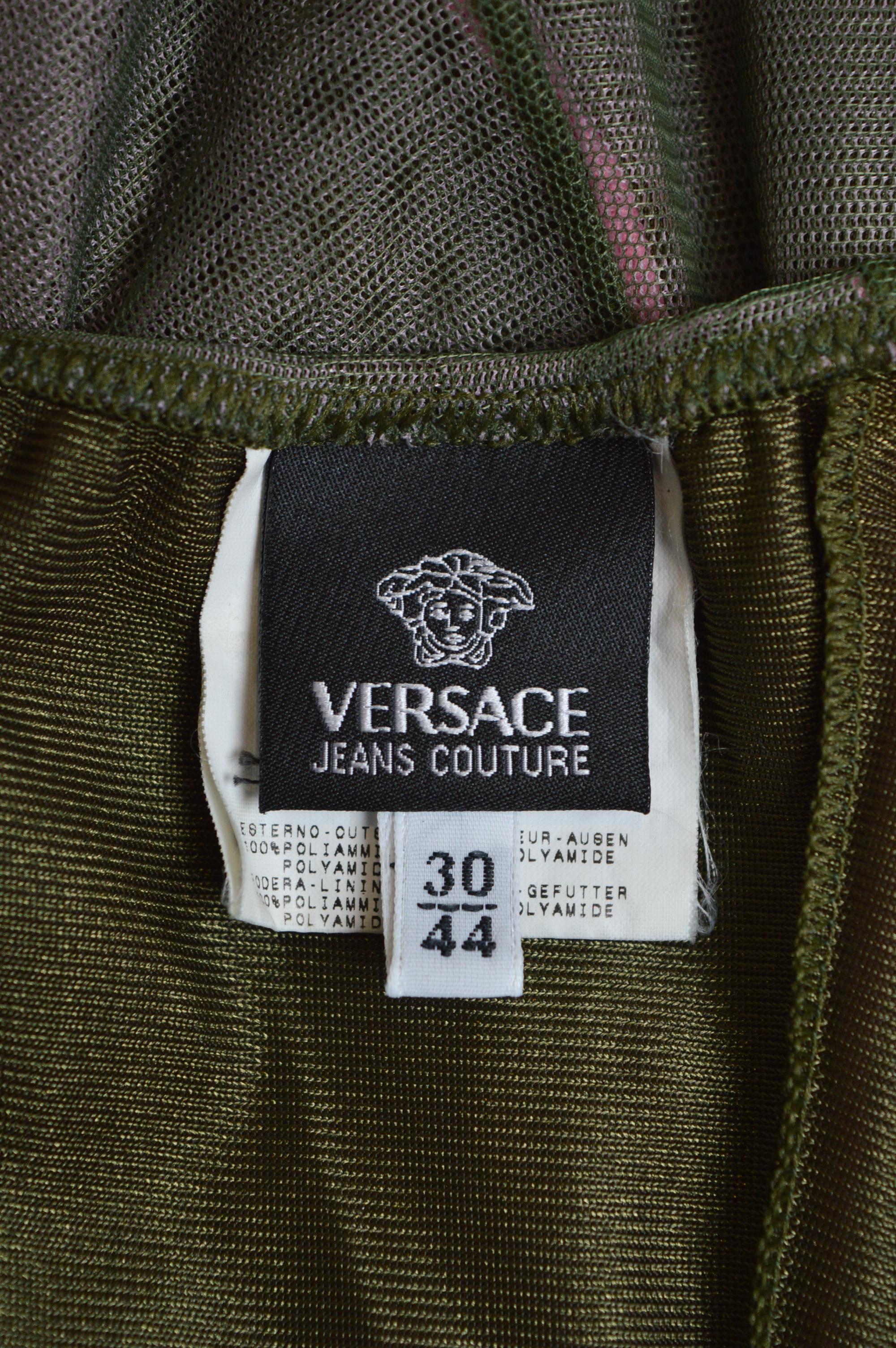 2000s Donatella Versace Vestido de cóctel corsé bustier de malla etérea verde rosa en Bueno estado para la venta en Sheffield, GB