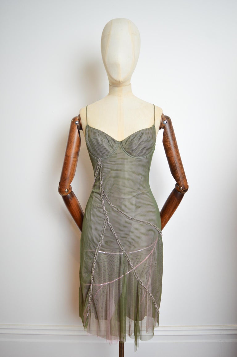 2000s Donatella Versace Green Pink ethereal mesh corset bustier cocktail  dress For Sale at 1stDibs