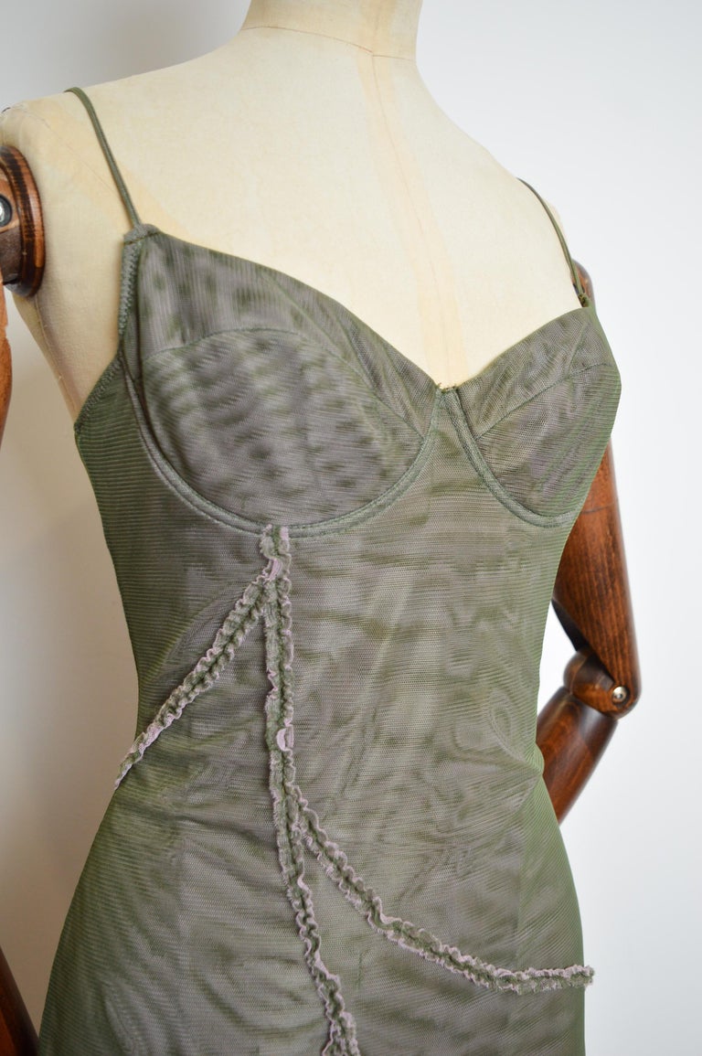 2000s Donatella Versace Green Pink ethereal mesh corset bustier cocktail  dress