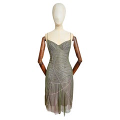 2000s Donatella Versace Green Pink ethereal mesh corset bustier cocktail dress