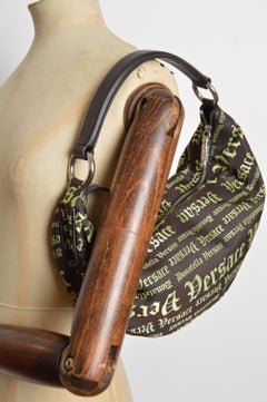 2000s Donatella Versace Lime Green & Black Shoulder sling Gothic Script Hobo Bag