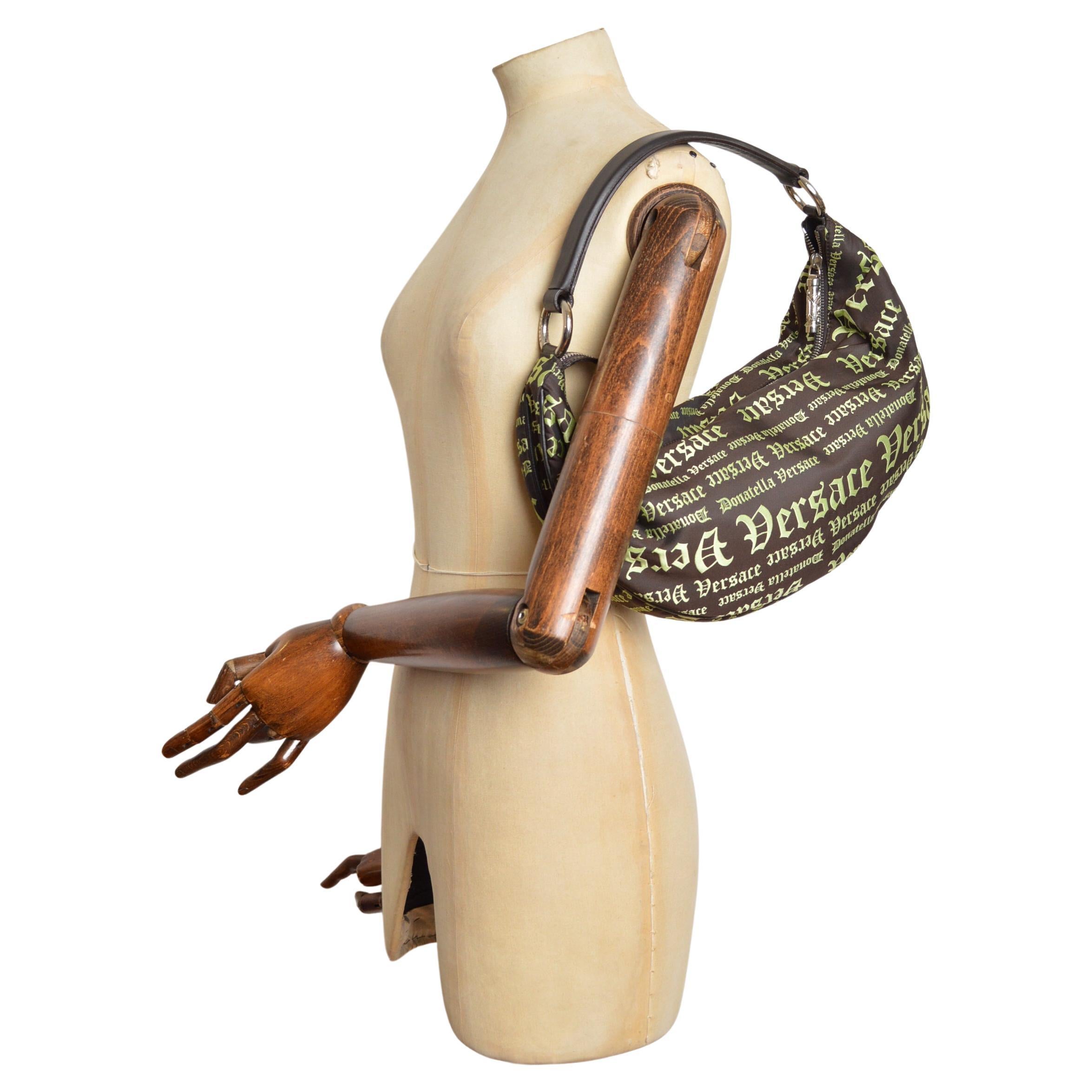 2000s Donatella Versace Lime Green 
Black Shoulder sling Gothic Script Hobo Bag in vendita