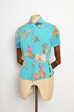 2000s Donatella Versace Turquoise Silk Native American Print Fitted Shirt Blouse