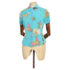 2000s Donatella Versace Turquoise Silk Native American Print Fitted Shirt Blouse