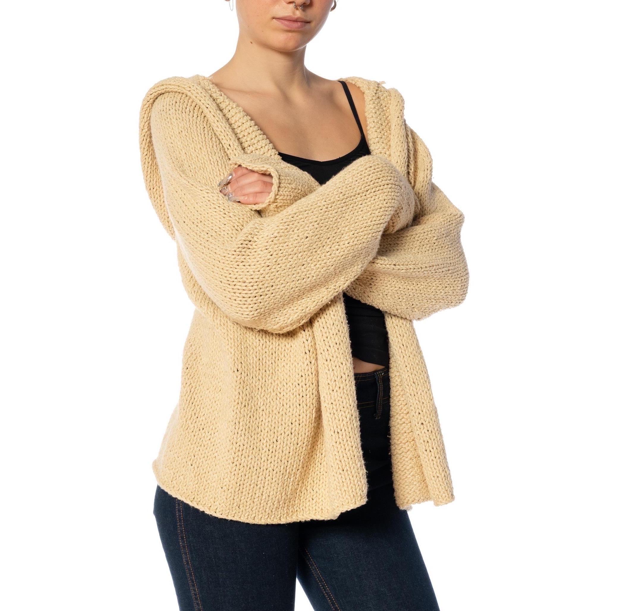 2000S DONNA KARAN Beige Cotton Knitted Cardigan With Hood For Sale 3