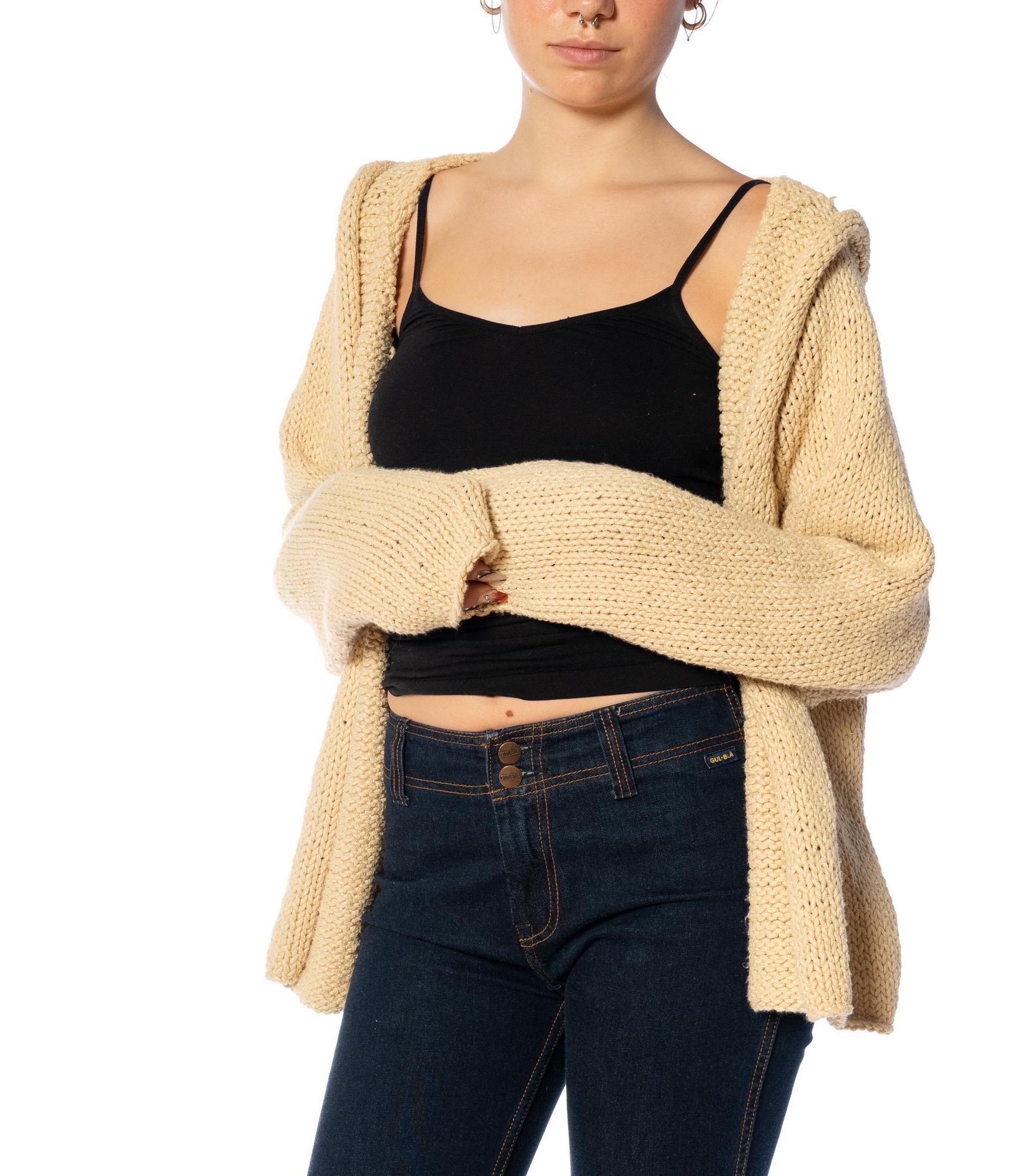 2000S DONNA KARAN Beige Cotton Knitted Cardigan With Hood For Sale 4