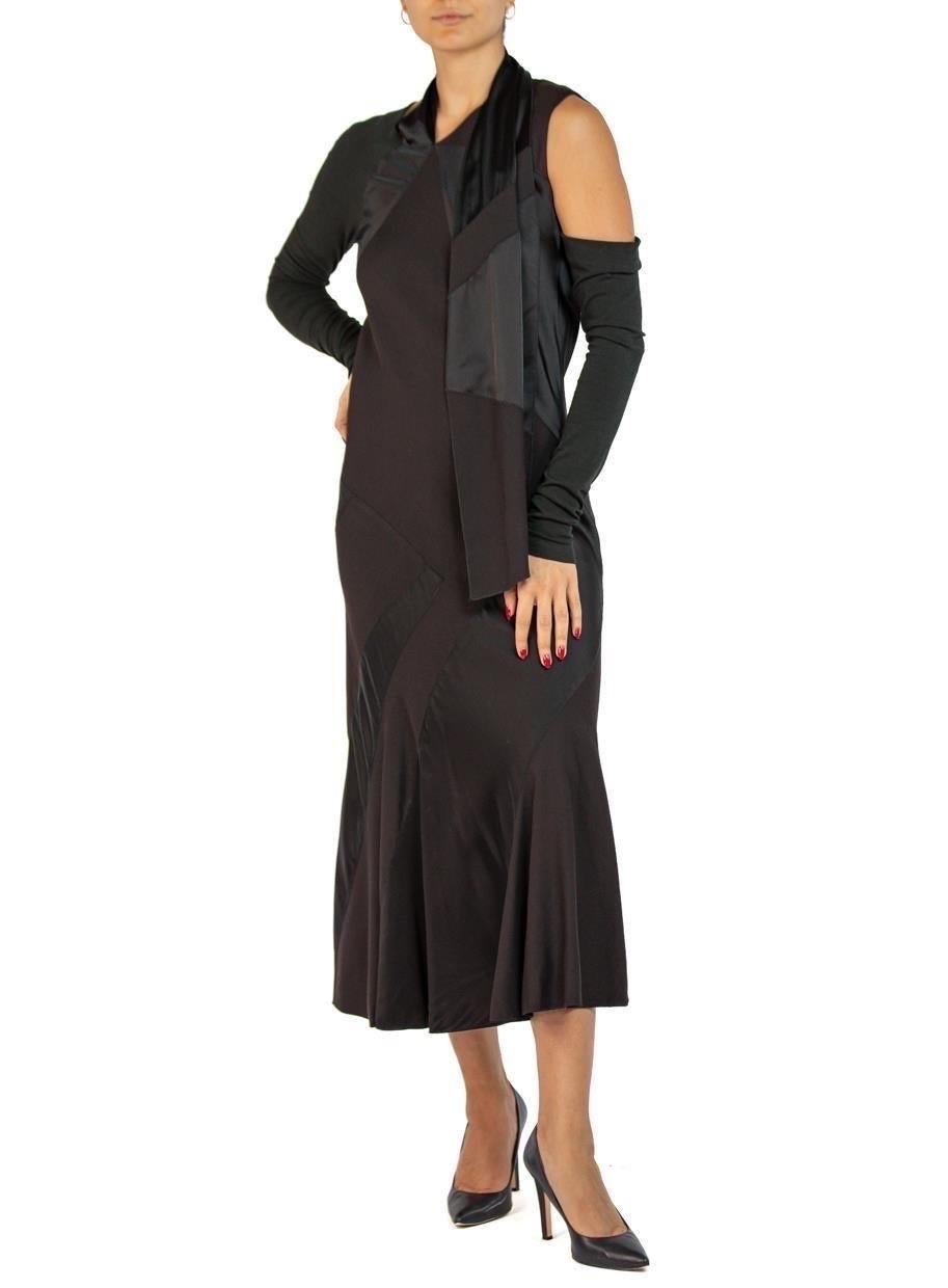 2000S DONNA KARAN Black Bias Cut Acetate & Nylon Long Sleeve  Dress For Sale 1