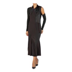 2000S DONNA KARAN Black Bias Cut Acetate & Nylon Long Sleeve  Dress