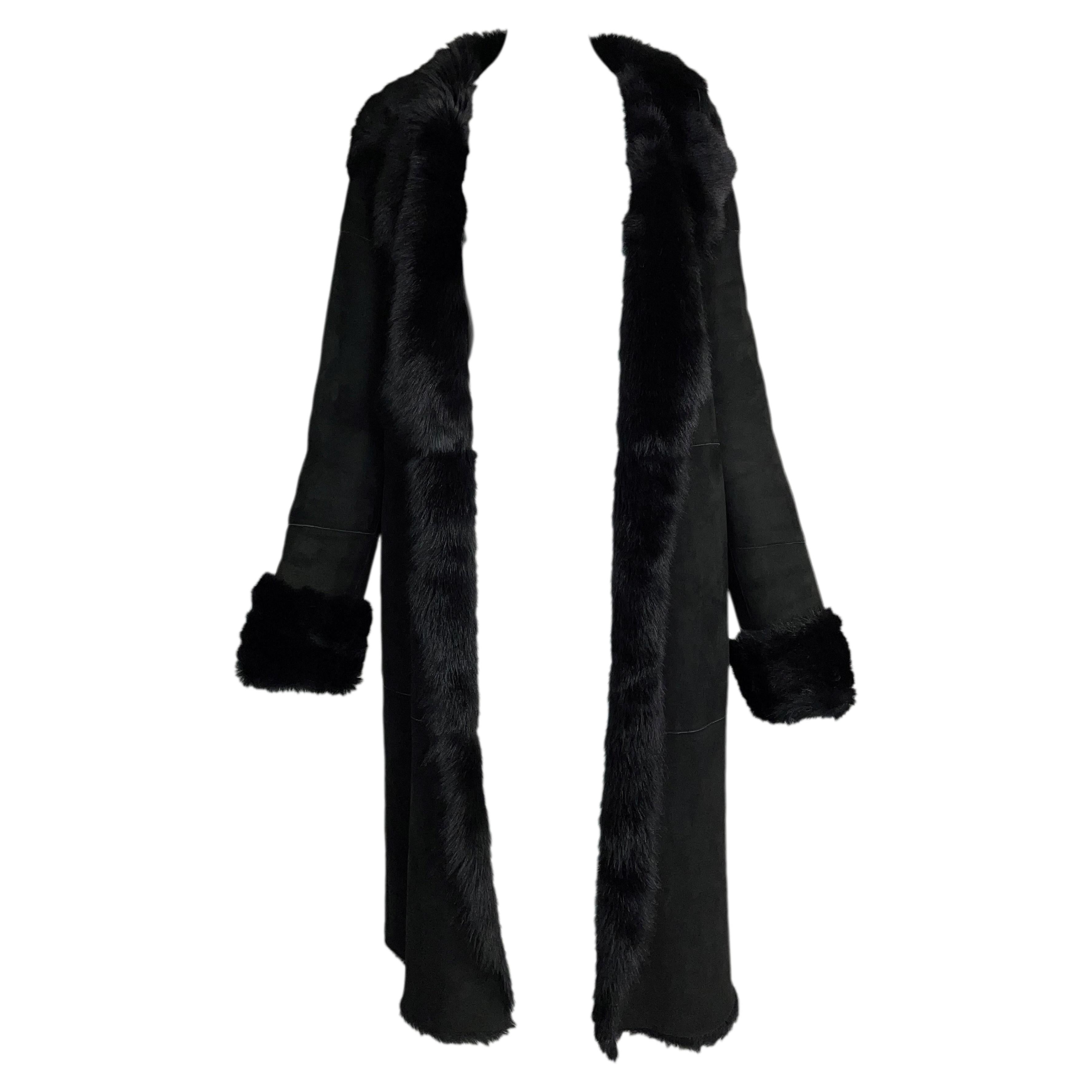2000's Donna Karan Black Label Suede Shearling Fur Long Coat