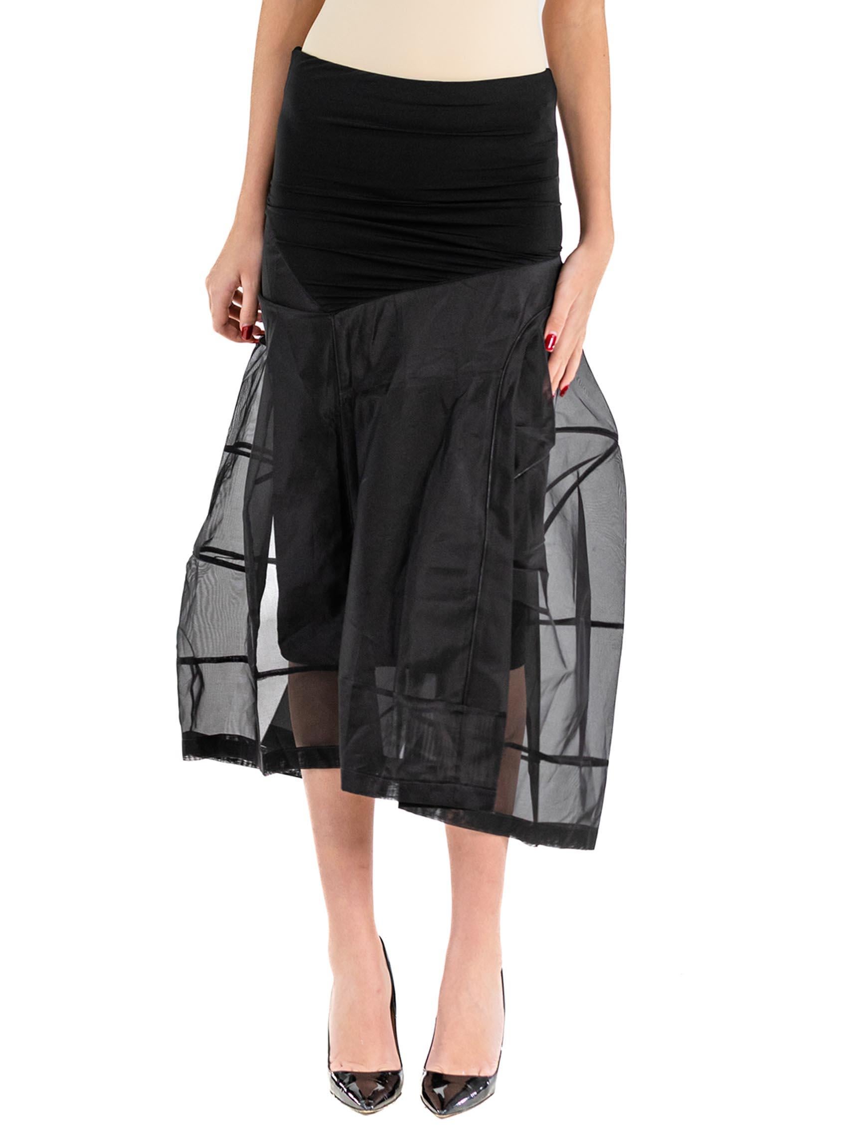 2000S DONNA KARAN Black Nylon Blend & Silk Organza Skirt With Outside Petticoat Boning