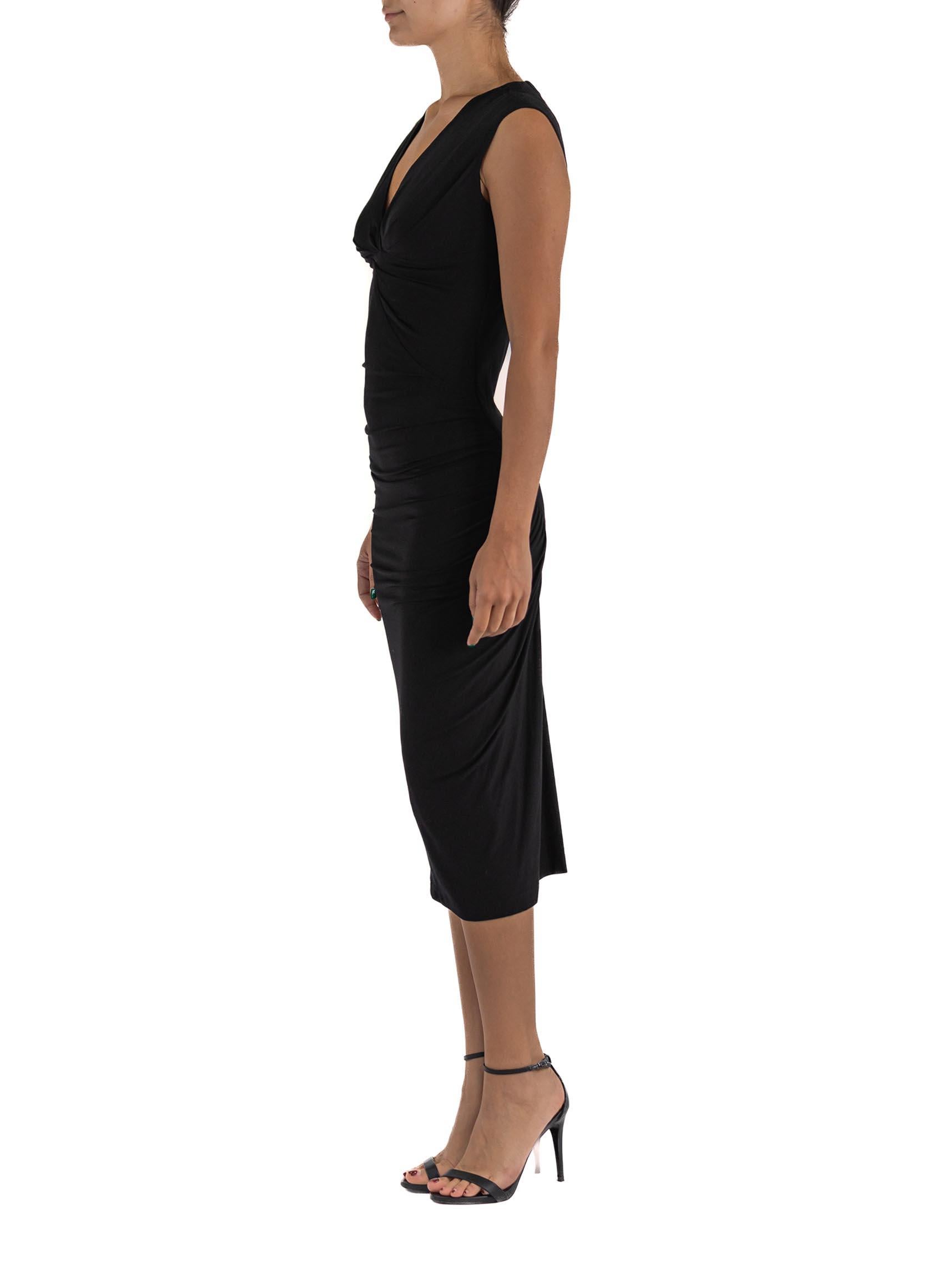 Women's 2000S DONNA KARAN Black Rayon Jersey Side Ruched Long Gown For Sale
