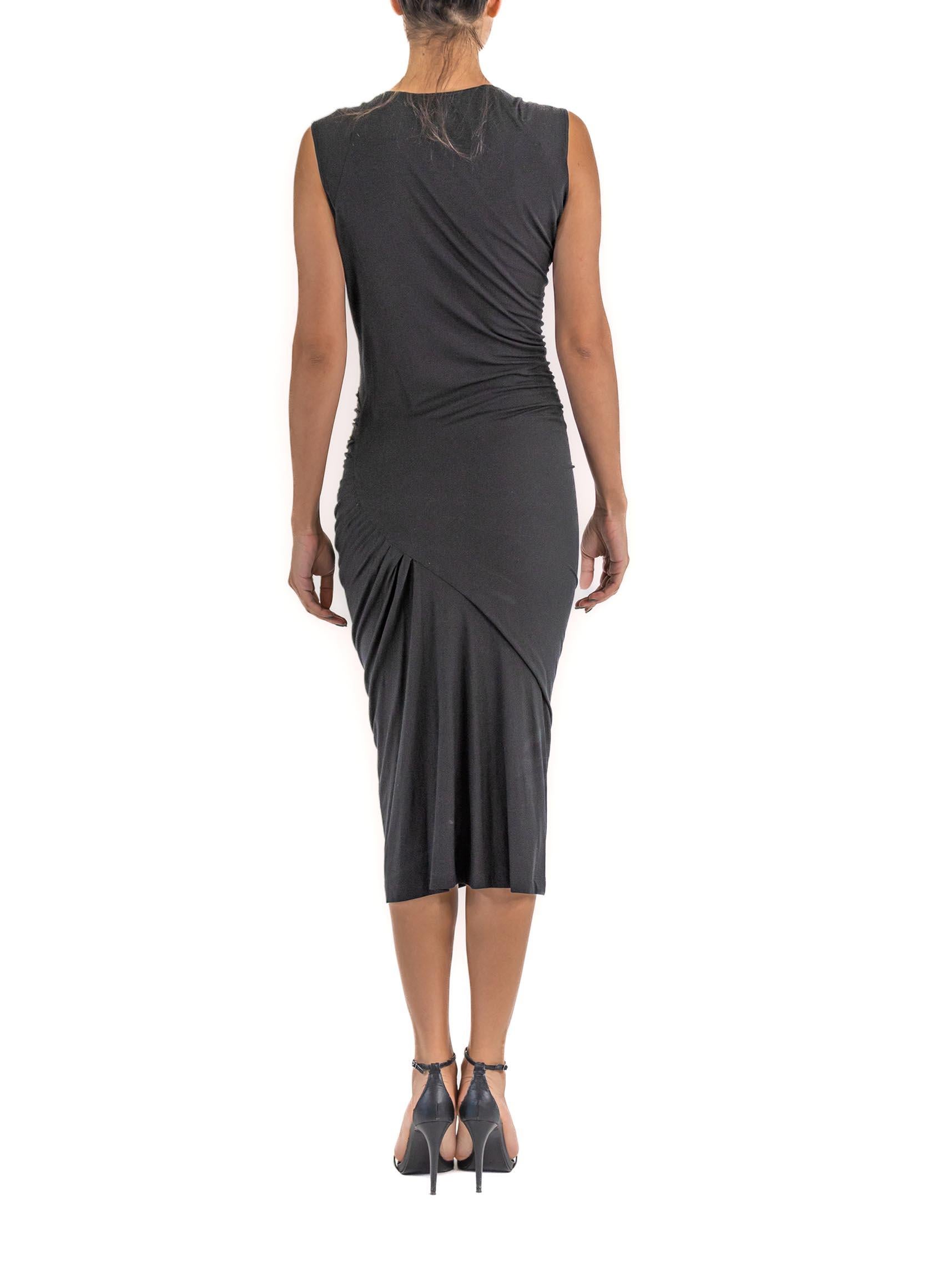 2000S DONNA KARAN Black Rayon Jersey Side Ruched Long Gown For Sale 3