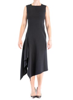 2000er DONNA KARAN Schwarzes modernistisches Kleid aus Wollmischung und Stretch mit hohem Seitenschlitz