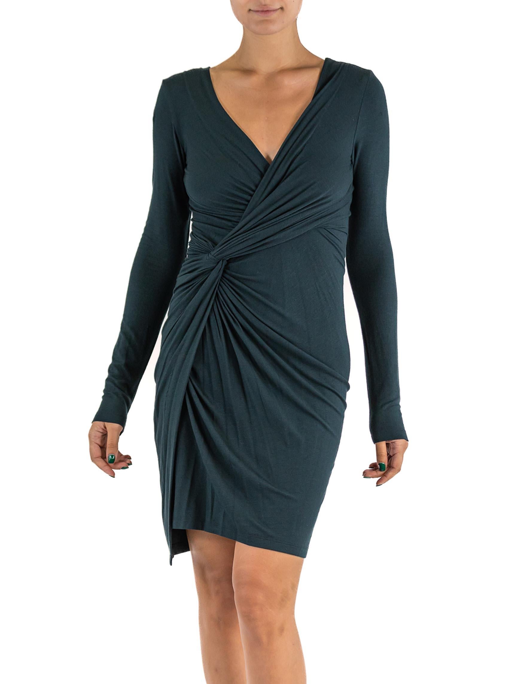 2000S DONNA KARAN Dark Teal Rayon & Lycra Jersey Deep V Neck Dress With Sleeves For Sale 1