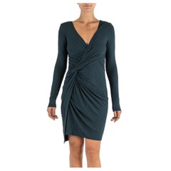2000S DONNA KARAN Dark Teal Rayon & Lycra Jersey Deep V Neck Dress With Sleeves