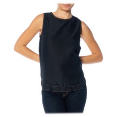 2000S DONNA KARAN Top senza maniche in cotone blu denim