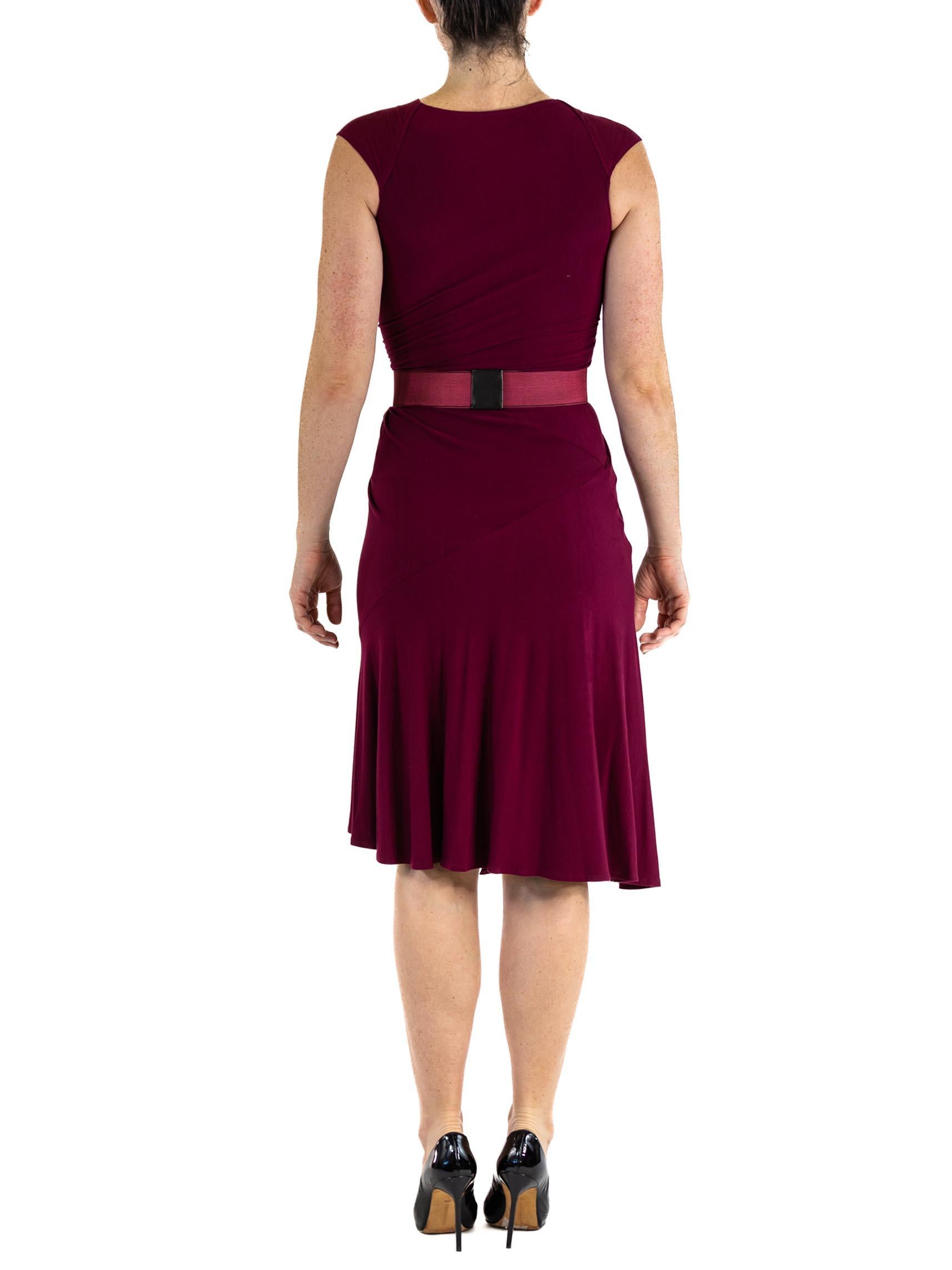 Women's 2000S DONNA KARAN Garnet Red Rayon Jersey Knot Front Ruched Dress With Belt For Sale