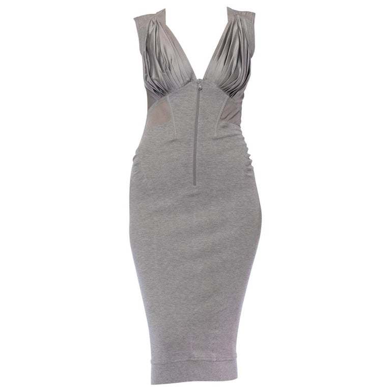 2000S DONNA KARAN Heather Grey Cotton, Rayon and Spandex Knit Jersey Dress With N For Sale at