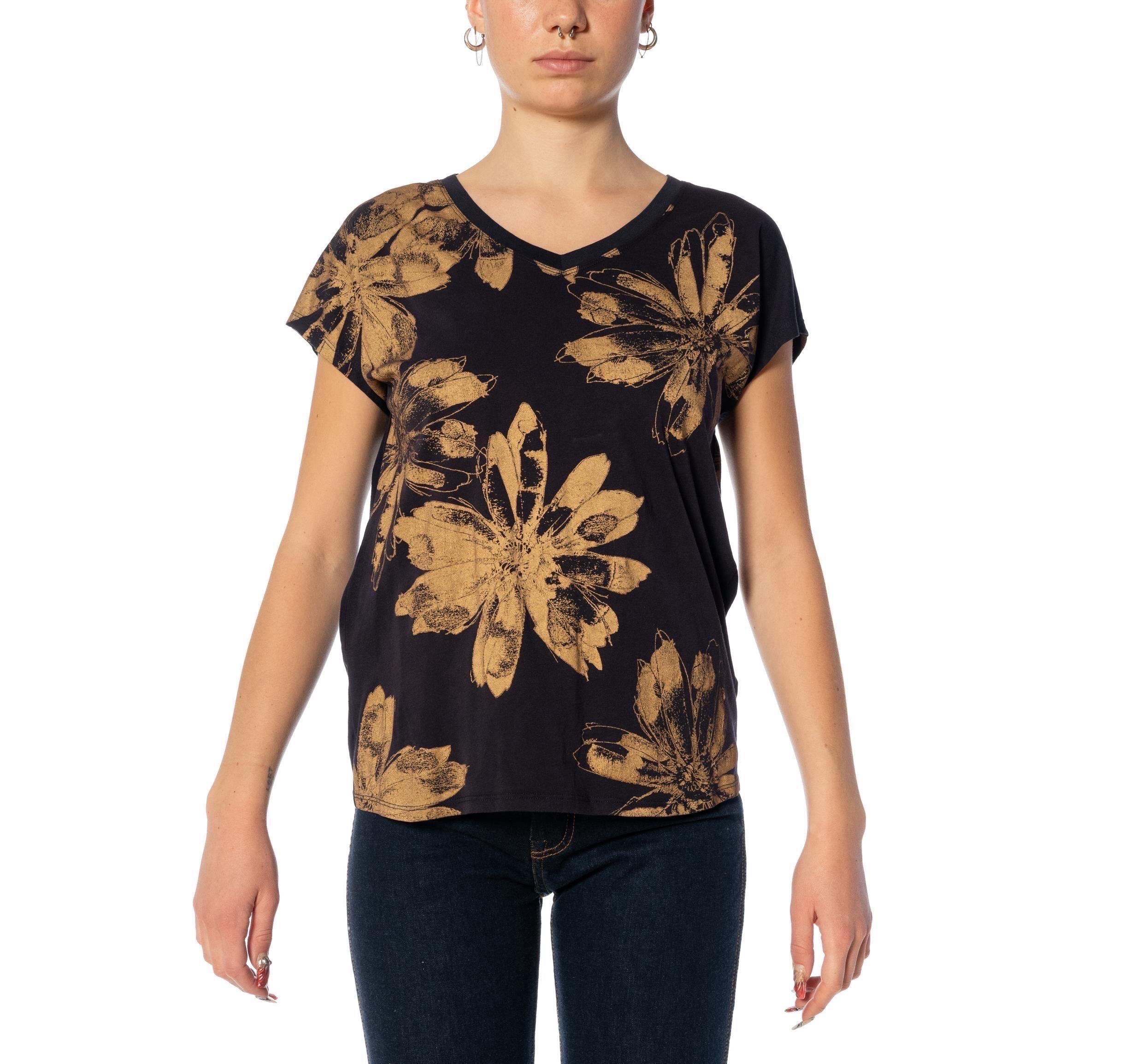 Women's 2000S DONNA KARAN Midnight Blue & Gold Floral Print Mini V-Neck T-Shirt For Sale
