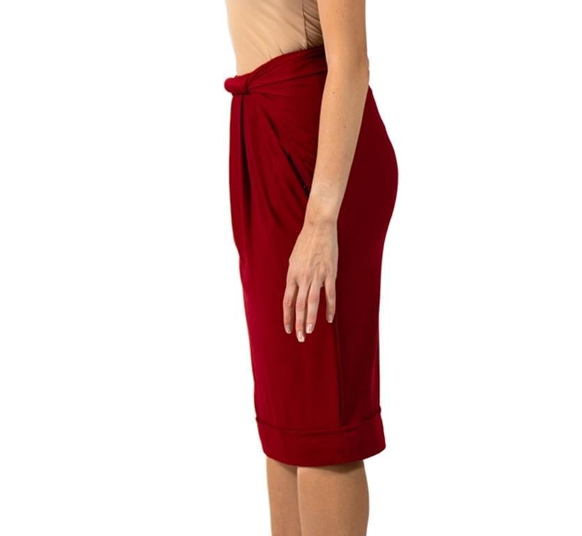 Women's 2000S DONNA KARAN Red Rayon & Wool Skirt With Twisted Waist Detail For Sale