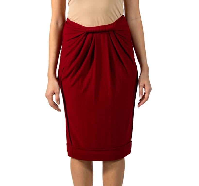 2000S DONNA KARAN Red Rayon & Wool Skirt With Twisted Waist Detail For Sale 4