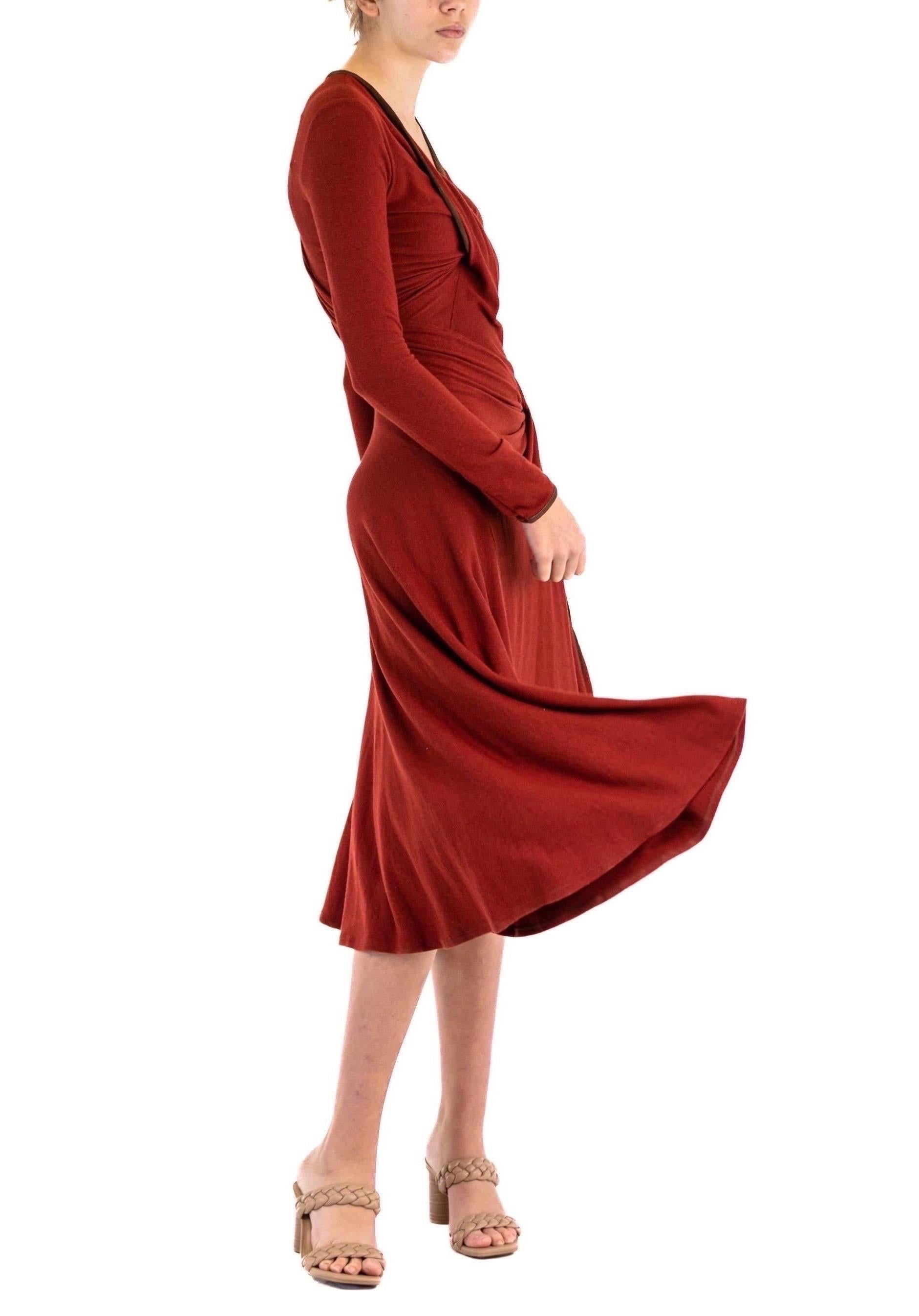 2000S DONNA KARAN Rust Red Wool Blend Jersey Dress With Lambskin Suede Trim For Sale 1