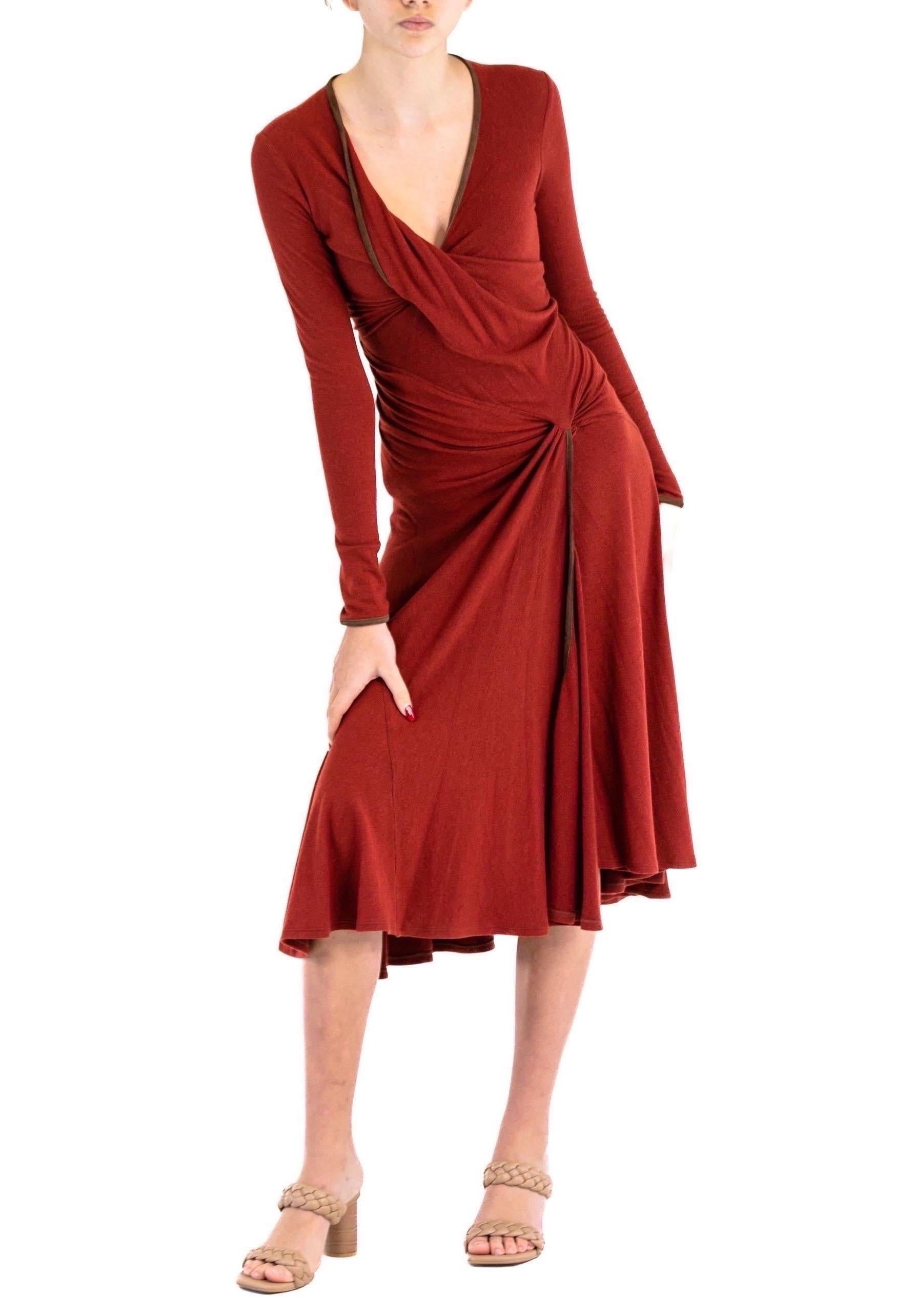 2000S DONNA KARAN Rust Red Wool Blend Jersey Dress With Lambskin Suede Trim For Sale 2
