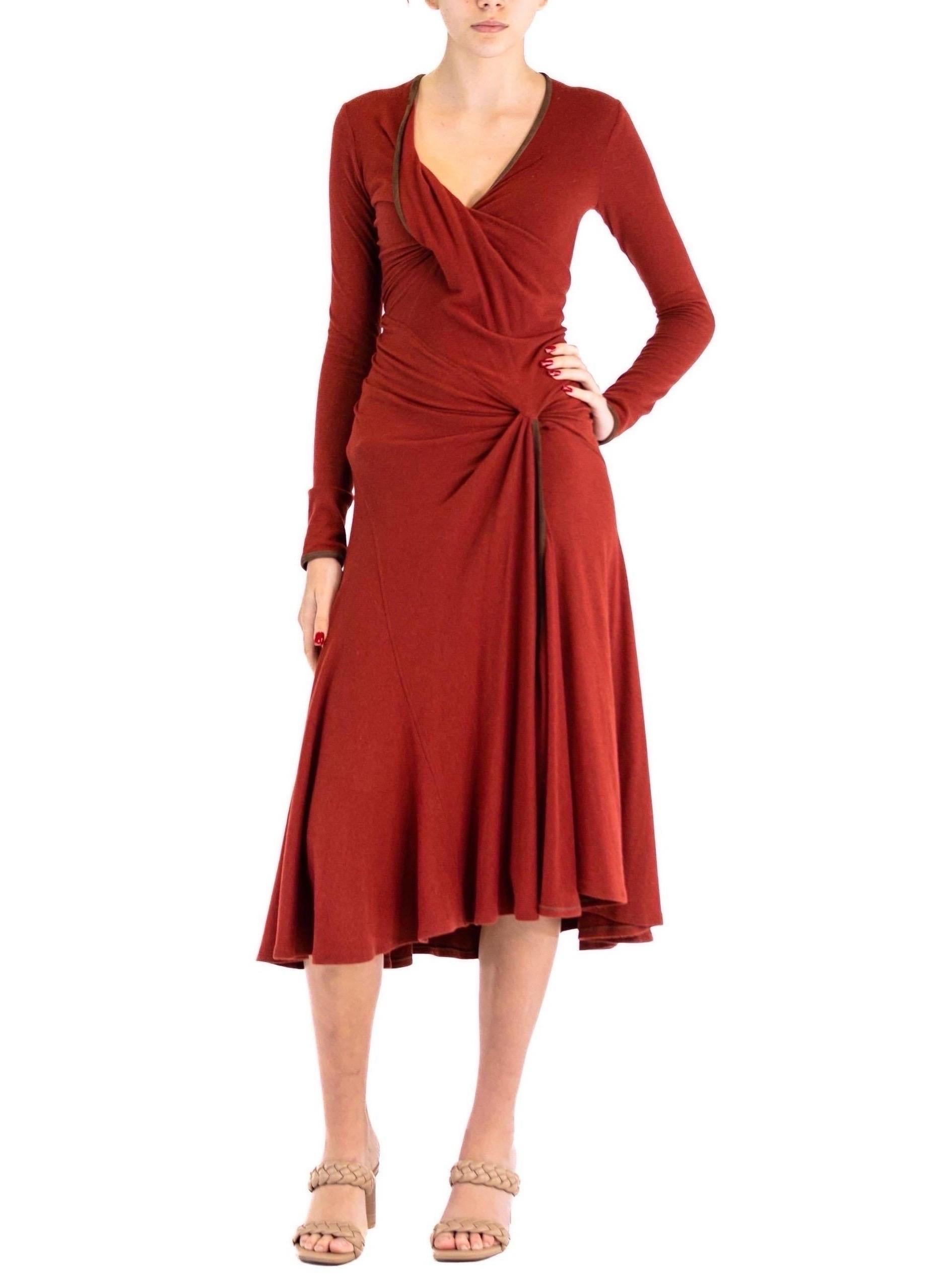 2000S DONNA KARAN Rust Red Wool Blend Jersey Dress With Lambskin Suede Trim For Sale 4