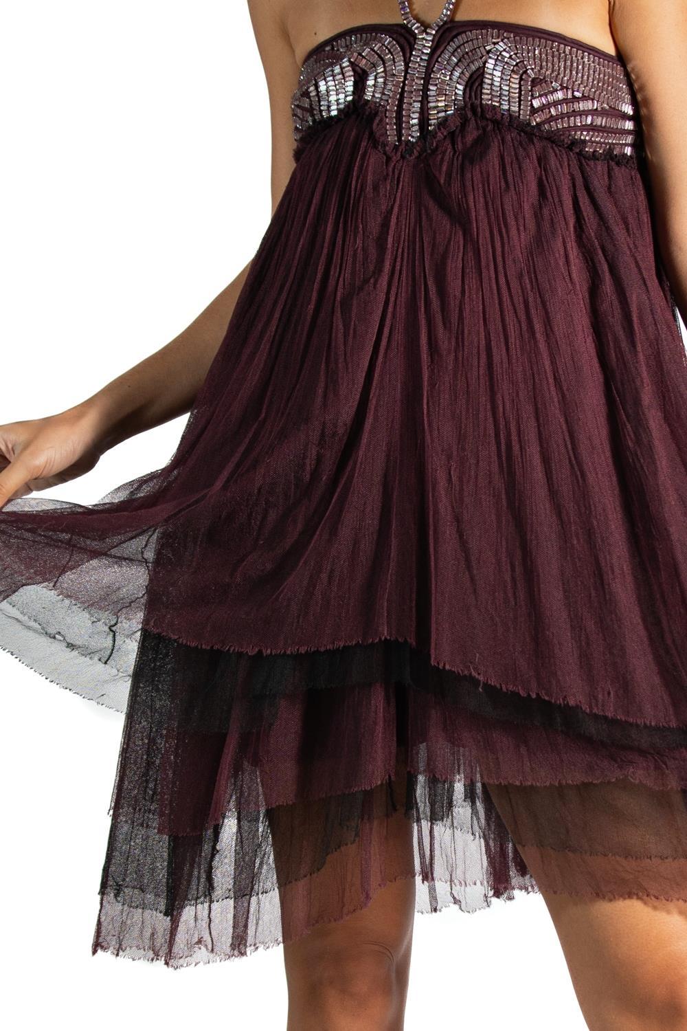 2000S Dor-Ri Burgundy & Silver  Silk Tulle Cocktail Dress For Sale 6