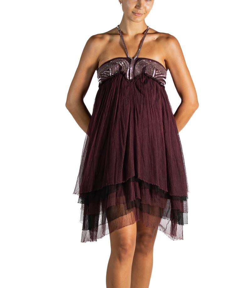 2000S Dor-Ri Burgundy & Silver  Silk Tulle Cocktail Dress For Sale 2