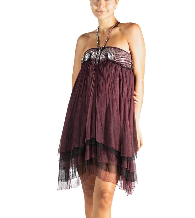 2000S Dor-Ri Burgundy & Silver  Silk Tulle Cocktail Dress For Sale 4