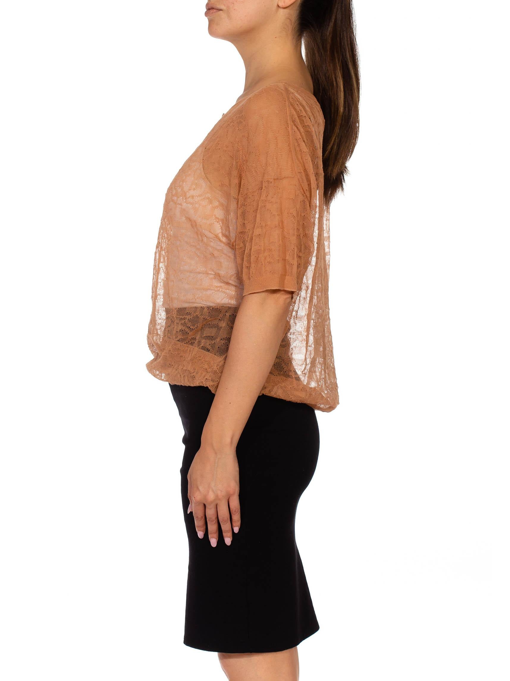 2000S DRIES VAN NOTEN Beige Poly/Cotton Abstracted Lace Knit Top In Good Condition For Sale In New York, NY