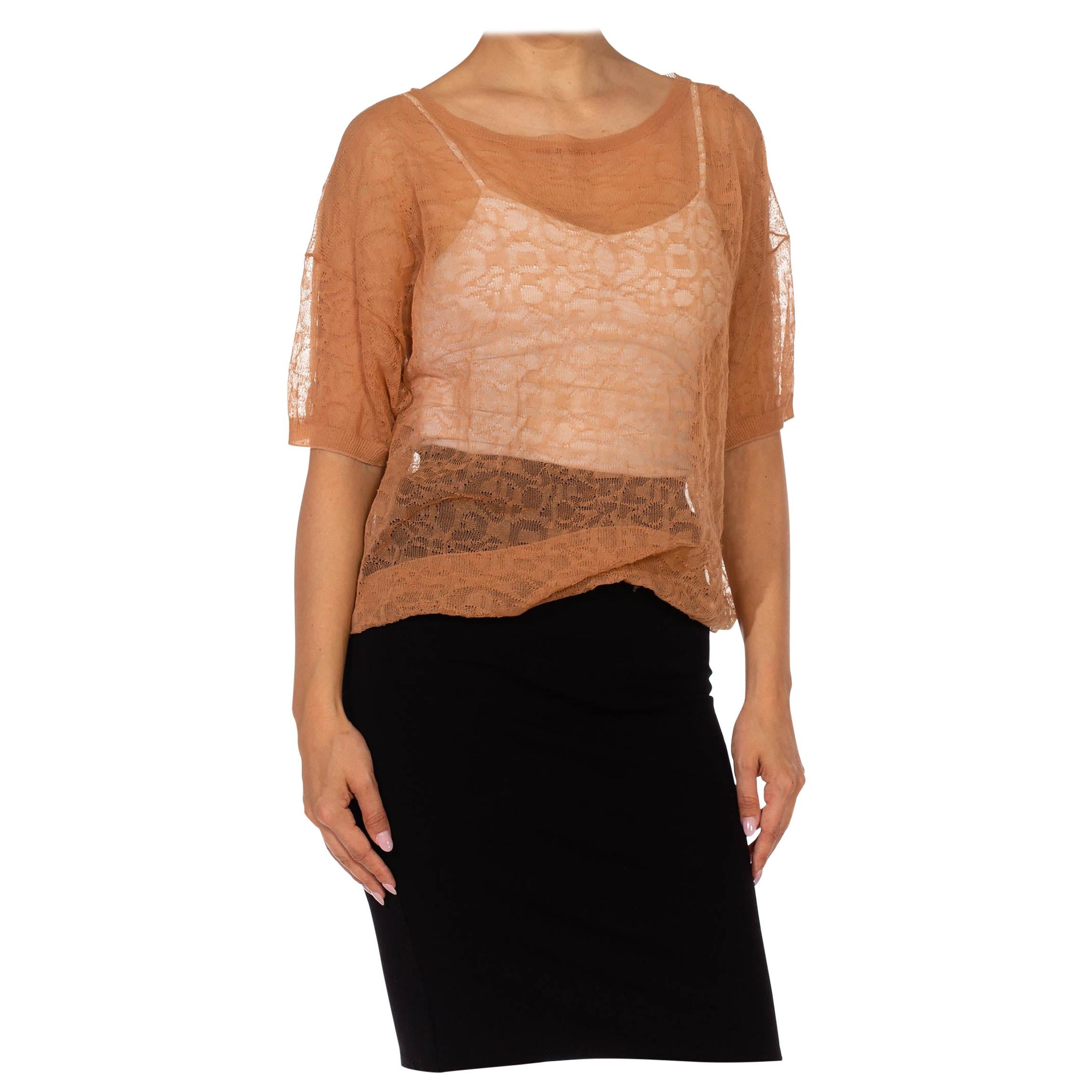 2000S DRIES VAN NOTEN Beige Poly/Cotton Abstracted Lace Knit Top