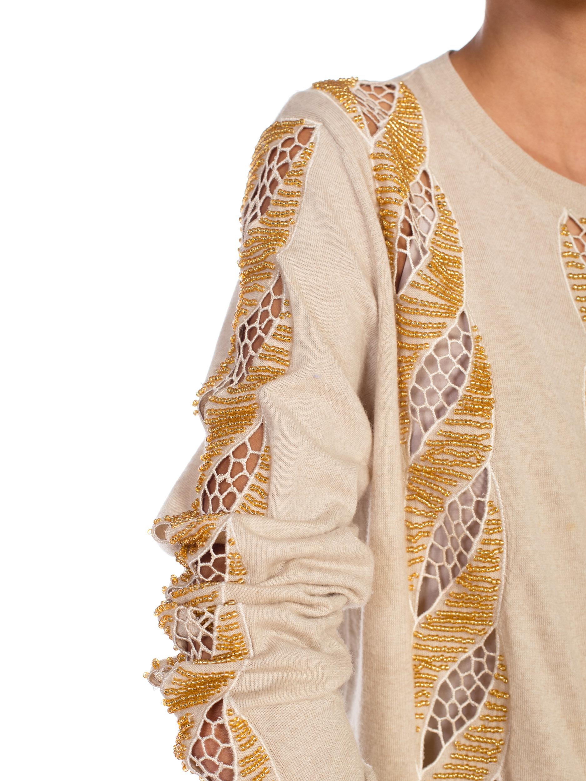 2000s DRIES VAN NOTEN Beige Wool Knit Gold Beaded Lace Cut Out Sweater  8
